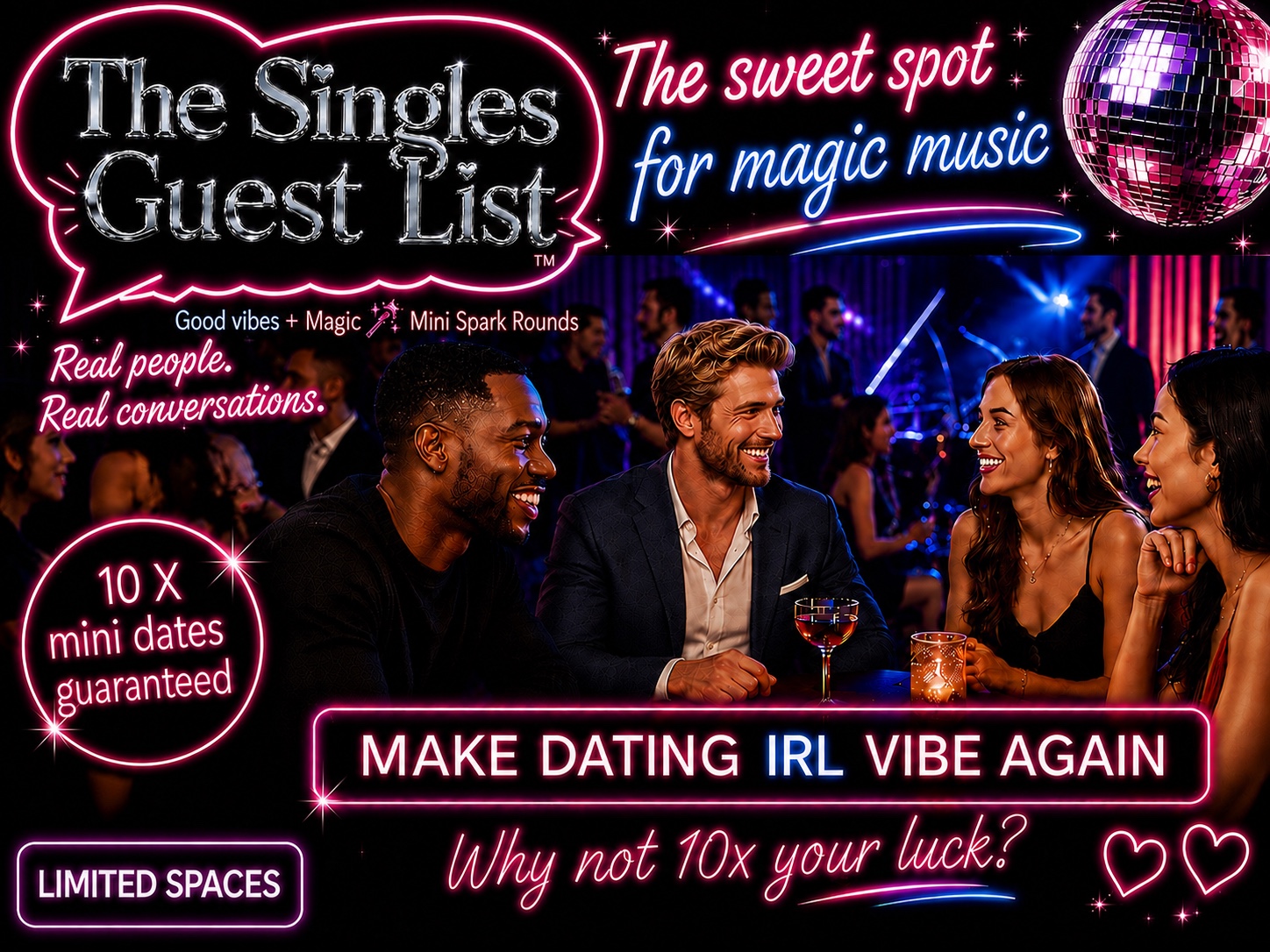 The Singles Guest List campaign artwork with guests talking and neon event messaging
