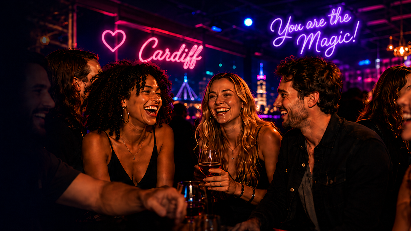 Illustrative Cardiff social artwork showing people talking and laughing