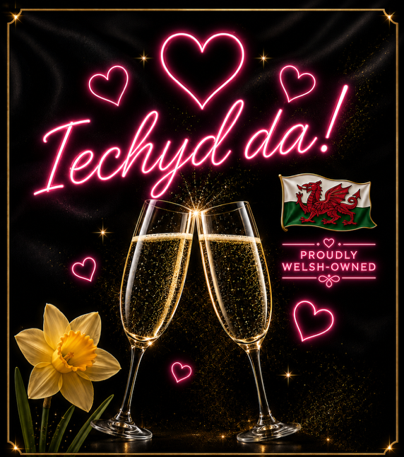 Welsh identity artwork with Iechyd da, a daffodil and the Welsh flag