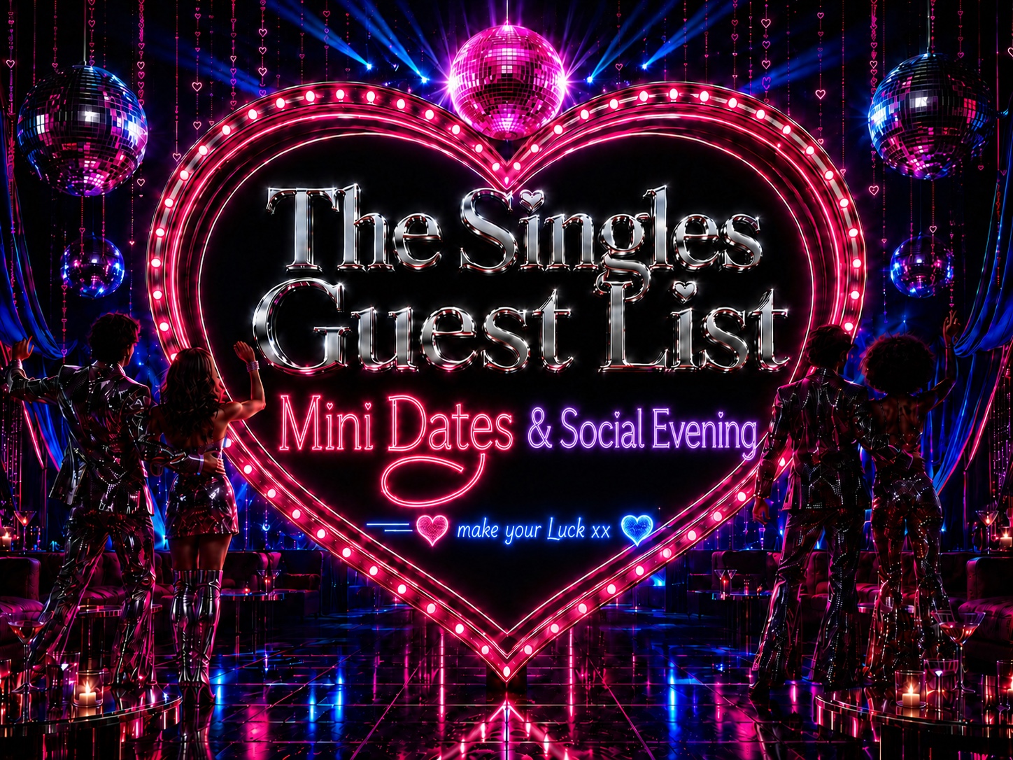 The Singles Guest List Mini Dates and Social Evening heart and disco artwork