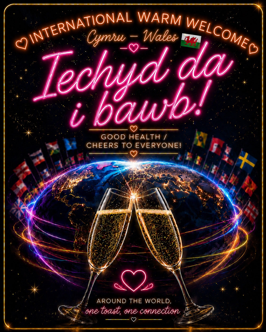 International Warm Welcome Cymru Wales artwork saying Iechyd da i bawb