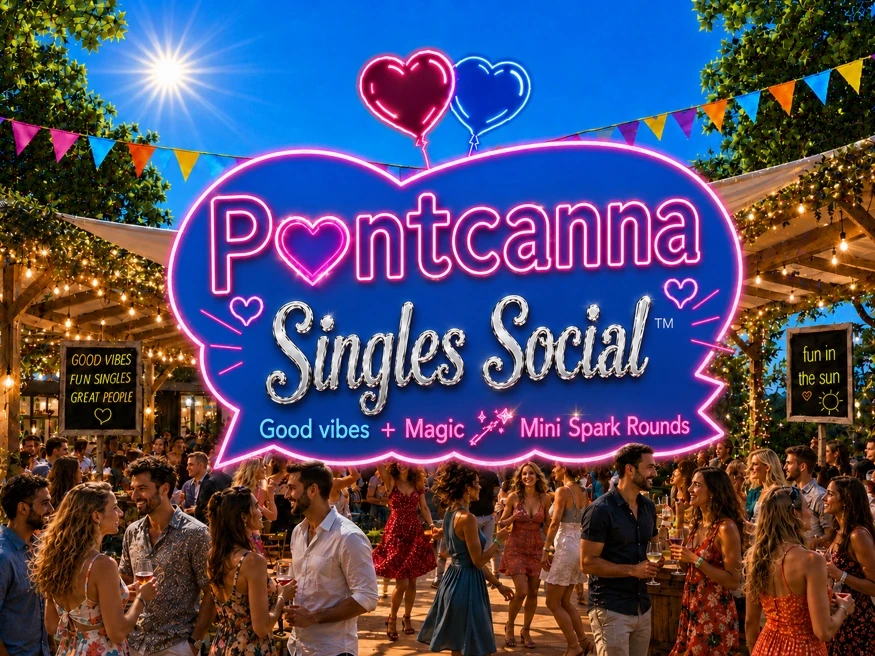 Pontcanna Singles Social artwork showing a lively outdoor Cardiff social with neon branding