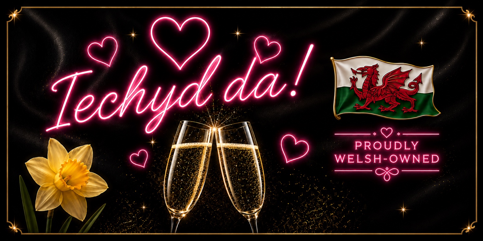 Iechyd da artwork with Welsh flag, daffodil and Proudly Welsh-Owned message